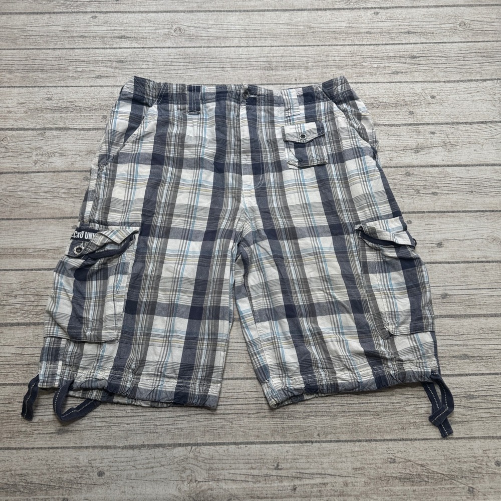 Y2K Ecko Unltd Cargo Shorts Men's 36 Blue Plaid Cotton Classic Fit Hiking Summer